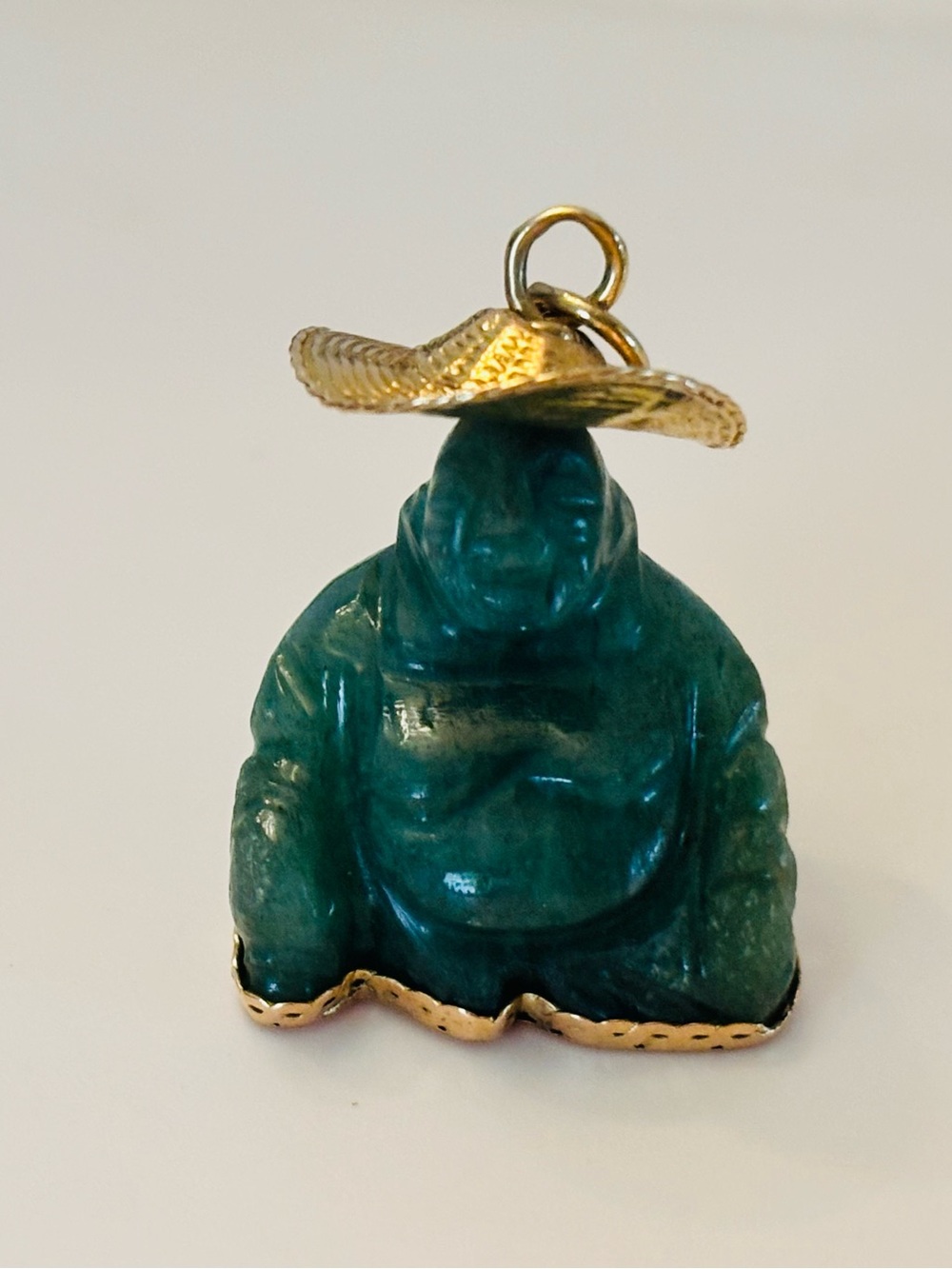Vintage Green Jade Buddha Pendant with Gold Base & Hat
